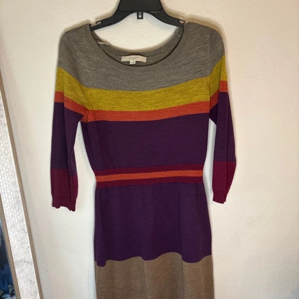 LOFT Purple Knit Dress with Gray, Yellow & Red Stripes